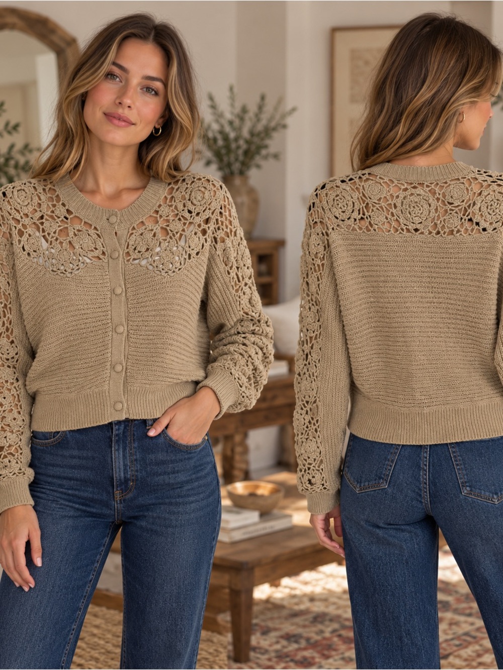 Zara Button Down Cardigan Sweater Women’s Size M Wool Blend Crocheted #327CL